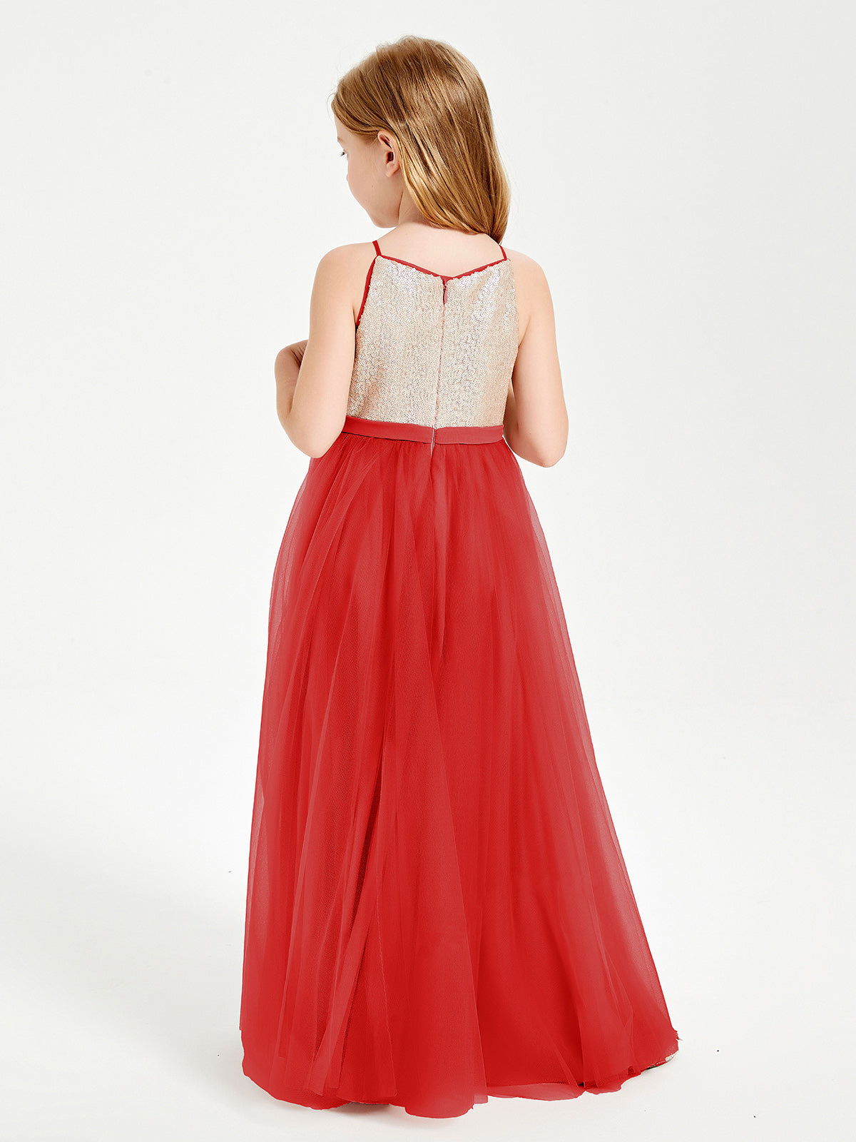 Sequined Top Long Tulle Junior Bridesmaid Gown Red